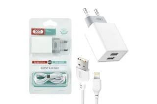 Мережеве зарядне XO L65 2.4A two USB charger for Lightning (Білий)